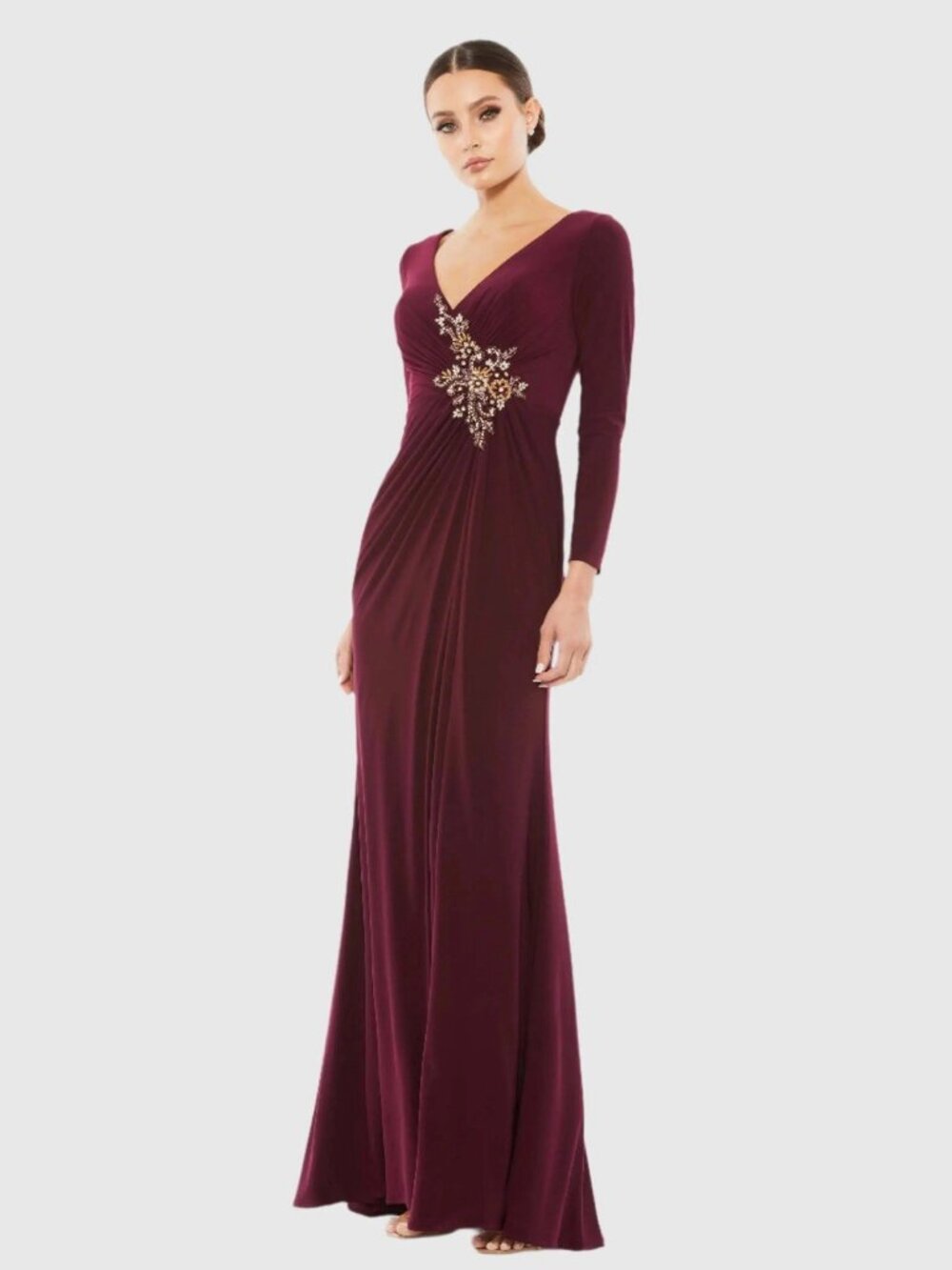 Mac Duggal Size 6 Burgundy Faux Wrap Long Sleeve Appliqué Detail Evening Gown